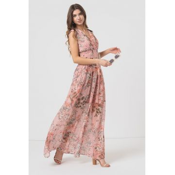 Rochie maxi de sifon cu imprimeu - Kaki/Roz