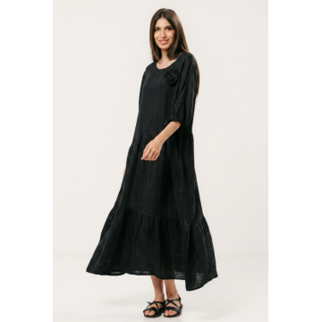 Rochie maxi de vara din in negru cu croi lejer si floare decorativa