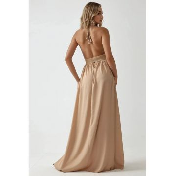 Rochie maxi -  decolteu in V - textil - bej