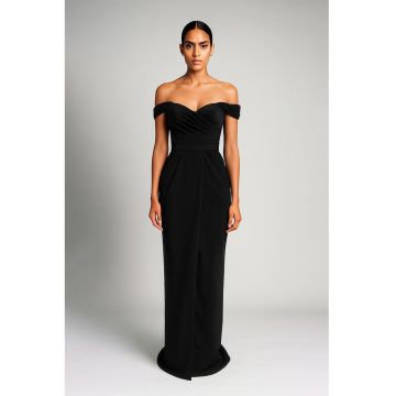 Rochie maxi drapata cu decolteu pe umeri - Negru