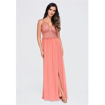Rochie maxi eleganta cu decolteu adanc - cu aplicatii din dantela - LA-OM-DLR420 - Roz