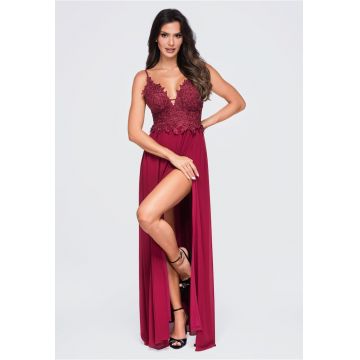 Rochie maxi eleganta cu decolteu adanc - cu aplicatii din dantela - LA-OM-DLR420 - Visiniu