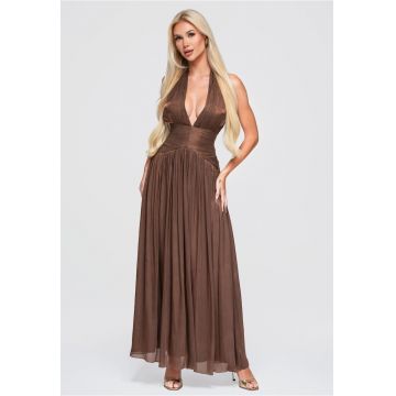 Rochie maxi eleganta cu decolteu adanc si talie marcata LA-OM-DLR414 - Maro -