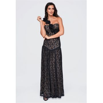 Rochie maxi eleganta cu decolteu sweetheart si aplicatii florale LA-OM-DLR429 - Negru