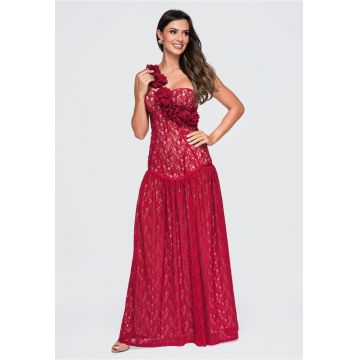 Rochie maxi eleganta cu decolteu sweetheart si aplicatii florale LA-OM-DLR429 - Visiniu