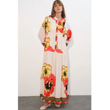 Rochie Maxi -  Etnic - Decolteu in V - Maneci lungi - Multicolor - Viscoza