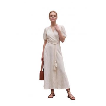 Rochie Maxi -  Petrecuta - Decolteu in V - Crem Natural - Bumbac/Poliester
