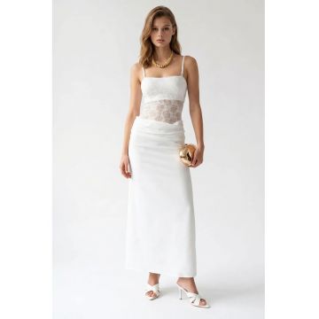 Rochie Maxi -  Satin - Alb - Fara Maneci - Decolteu Patrat - Dantela