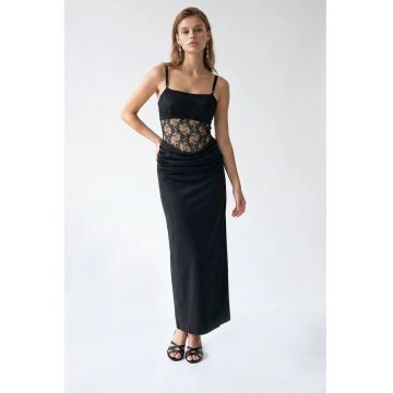 Rochie Maxi -  Satin - Dantela - Negru