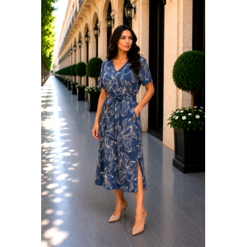 Rochie midi albastra cu imprimeu floral si cordon in talie