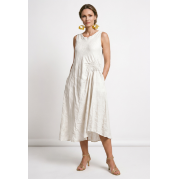 Rochie midi, asimetrica, din in, cu croiala ampla A-line si detaliu drapat, alba