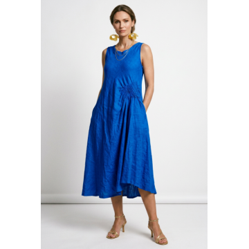 Rochie midi, asimetrica, din in, cu croiala ampla A-line si detaliu drapat, albastru electric