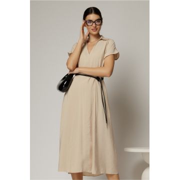Rochie midi bej de vara din modal cu decolteu V si cordon in talie.