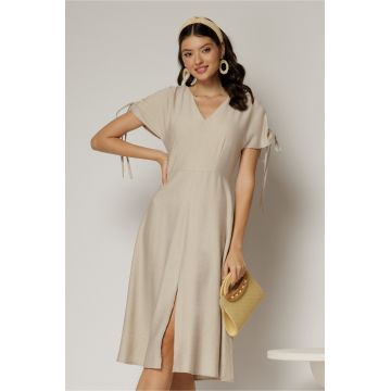 Rochie midi bej din viscoza cu decolteu V si snur la maneci