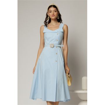 Rochie midi bleu din poplin cu nasturi si curea in talie