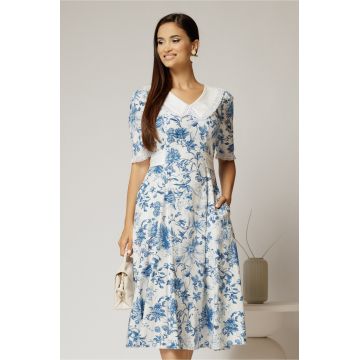 Rochie midi bleu din vascoza cu imprimeu floral si guler alb brodat