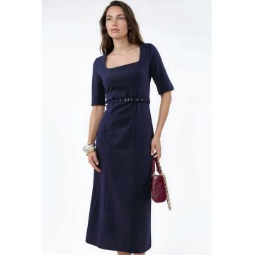 Rochie Midi  Casual - Albastru Marin - cu guler patrat si curea - poliester/elastan