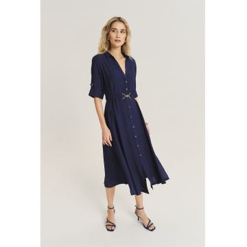 Rochie midi cu buzunare si maneci ajustabile - Bleumarin
