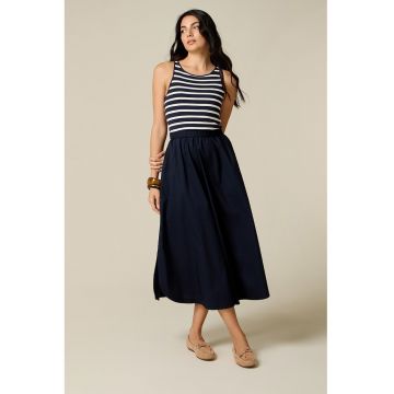 Rochie midi cu croiala evazata si buzunare - Bleumarin
