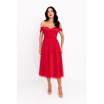 Rochie midi cu decolteu pe umeri - Rosu