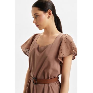Rochie midi cu detalii din dantela Sangallo - Maro cafeniu