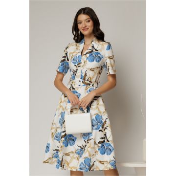 Rochie midi cu imprimeu floral in nuante de albastru si bej