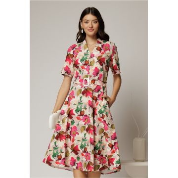 Rochie midi cu imprimeu floral in nuante de fucsia si bej