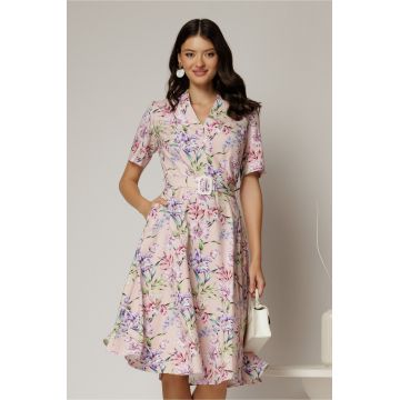 Rochie midi cu imprimeu floral in nuante de roz si lila