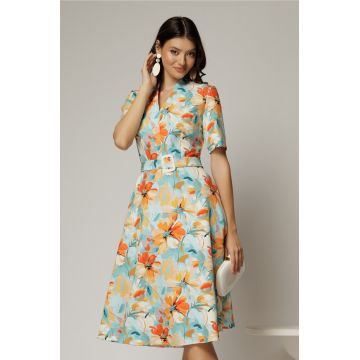Rochie midi cu imprimeu floral in nuante de turcoaz si orange