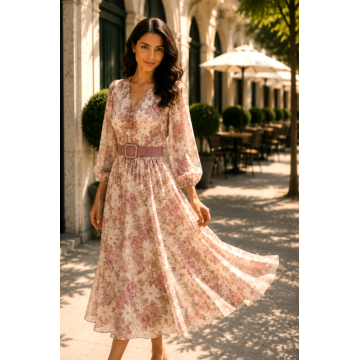 Rochie midi cu imprimeu floral roz pudra si curea in talie