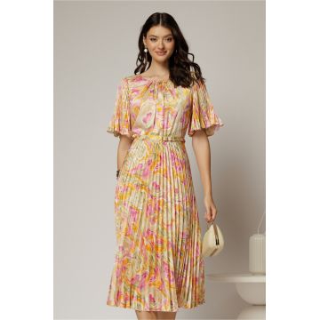 Rochie midi cu imprimeuri oranj din satin plisat si maneci scurte evazate