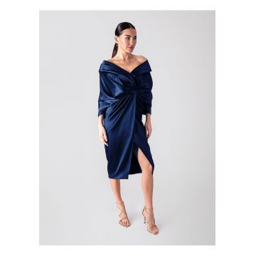 Rochie midi -  cu model drapat - culoare Bleumarine - material sintetic - de ocazie - Bleumarin