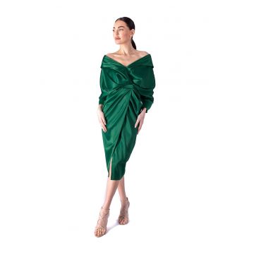 Rochie midi cu model drapat - Verde inchis