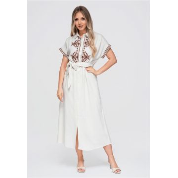 Rochie midi dama cu guler - maneci scurte - material cu viscoza si len OW-DLR-E0012 - beige/coffee - S/M