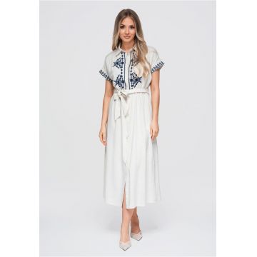 Rochie midi dama cu guler - maneci scurte - material cu viscoza si len OW-DLR-E0012 - beige/navy - M/L