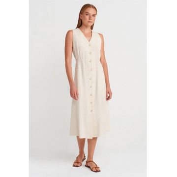 Rochie Midi -  decolteu in V - nasturi - crem natural - in