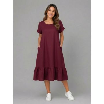 Rochie midi din in cu funda pe spate si volan amplu din batist, bordo