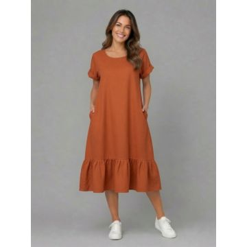 Rochie midi din in cu funda pe spate si volan amplu din batist, caramizie
