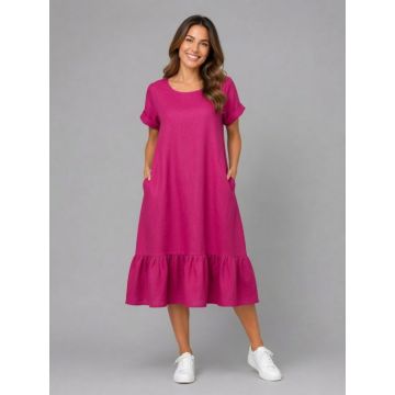 Rochie midi din in cu funda pe spate si volan amplu din batist, fucsia