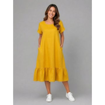 Rochie midi din in cu funda pe spate si volan amplu din batist, galbena