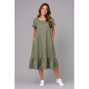 Rochie midi din in cu funda pe spate si volan amplu din batist, kaki