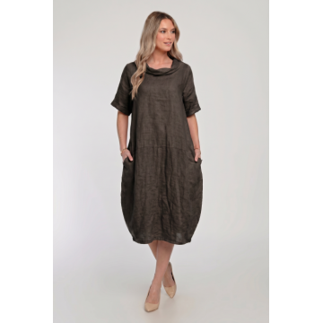 Rochie midi din in, lejera, croi lalea, oversized, maro