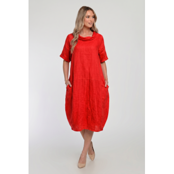 Rochie midi din in, lejera, croi lalea, oversized, rosie