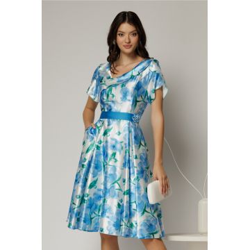Rochie midi din satin cu imprimeuri bleu