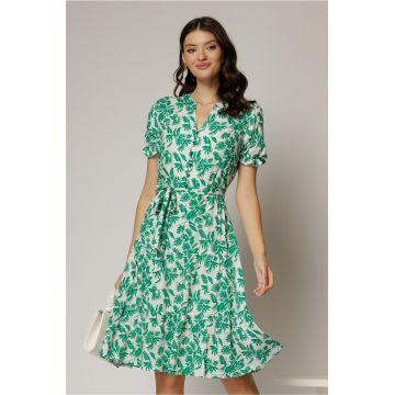 Rochie midi din viscoza alba cu imprimeu verde