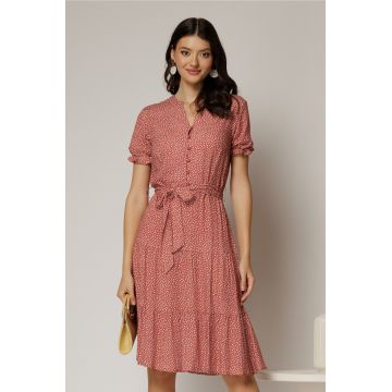 Rochie midi din viscoza caramizie cu imprimeu alb