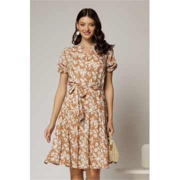 Rochie midi din viscoza maro cu imprimeu alb