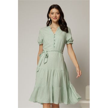 Rochie midi din viscoza verde fistic cu imprimeu alb