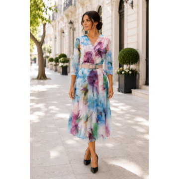 Rochie midi din voal cu imprimeu floral pastel si curea in talie