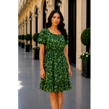 Rochie midi din voal verde cu imprimeu abstract si talie elastica